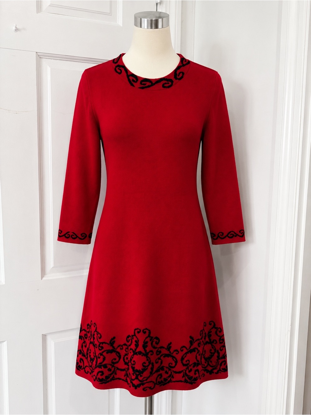 Red Embroidered A-Line Dress - Women's